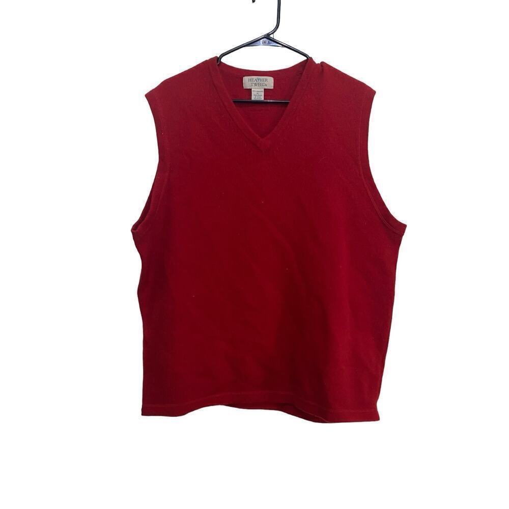 HEATHER TWEED Red Sleeveless V-Neck Vest Sweater Size XL lambs wool
